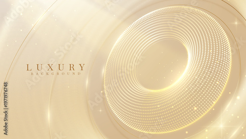 Abstract luxury gold background with elegant light circle. Beautiful flow motion curves displaying bright flare effect decoration. Vector illustration.