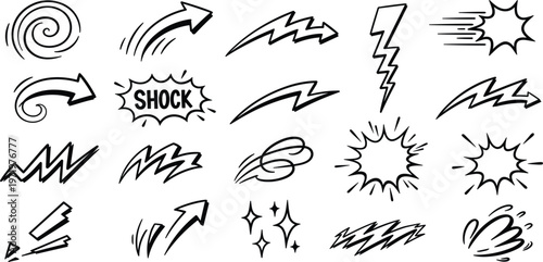 Hand Drawn Comic Motion Elements with Arrows, Lightning Bolts and Impact Effects, Doodle Illustration Set for Action Design and Visual Effects