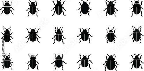 Collection of fifteen black beetle in a grid on a white background insect symbol