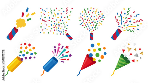 CONFETTI BLAST - Party popper exploding with multicolored paper Flat Vector Illustration on Transparent Background