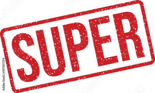 A bright red distressed rubber stamp prominently showcasing the capitalized word SUPER against a clear white background