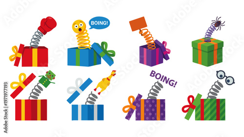GAG GIFT - Wrapped present with a spring popping out the top Flat Vector Illustration on Transparent Background