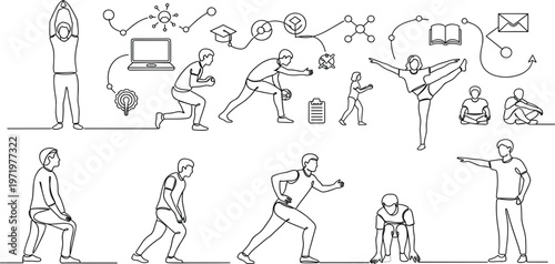 Human Activity and Personal Development Line Art Collection with Exercise, Learning and Daily Life Actions, Minimal Illustration Set for Lifestyle, Growth, and Productivity Concepts