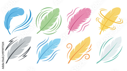  TICKLE FEATHER - Soft bird plume with curved lines showing motion Flat Vector Illustration on Transparent Background