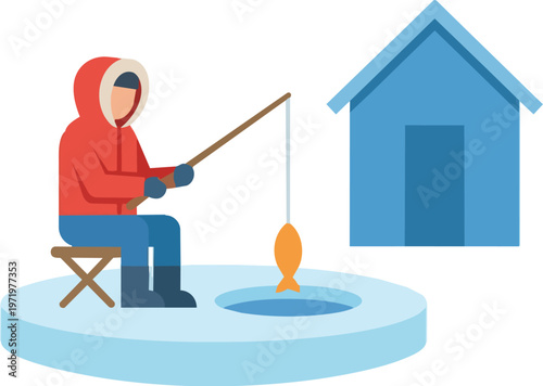 Man Ice Fishing on Frozen Lake.