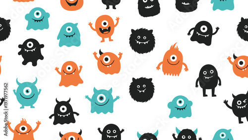 Playful seamless pattern featuring various cute colorful monsters in teal orange and black on a white background for kids.