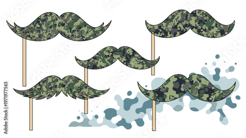 Fun collection of five camouflage patterned moustaches on sticks with artistic blue splashes for party photo booth props.