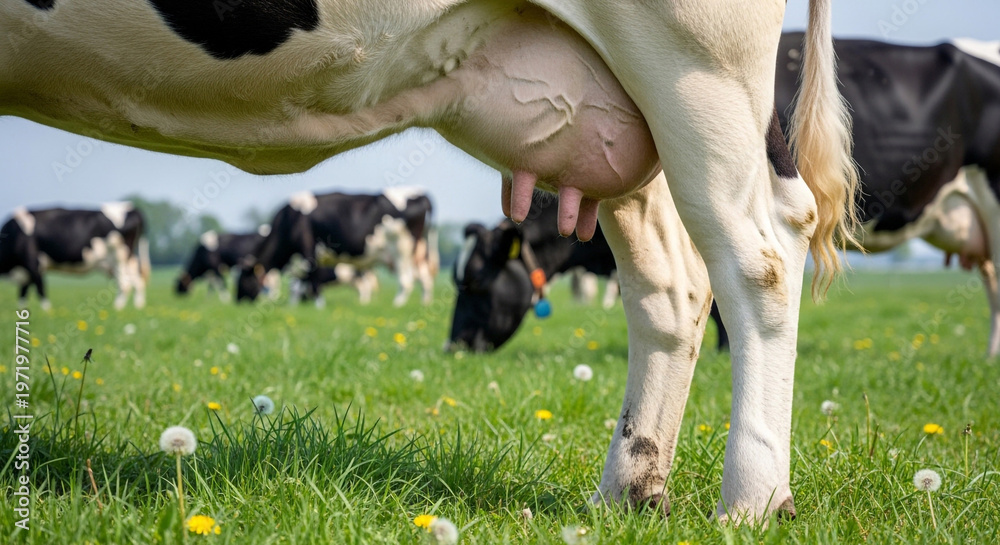 custom made wallpaper toronto digitalClose up of a Holstein Friesian dairy cow's udder and legs grazing in a sunny green meadow