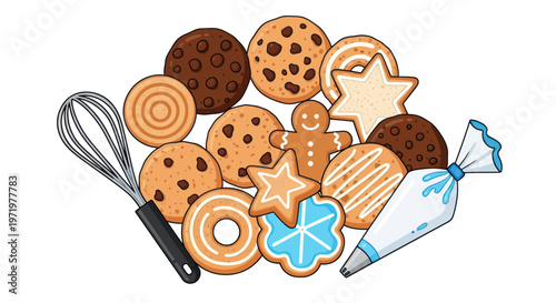 Assorted Cookies, Gingerbread Man, Whisk, and Icing Bag - Baking Supplies and Treats