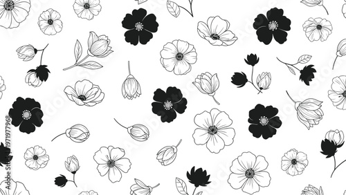 Black and white floral pattern features hand-drawn flowers and buds on a white background, ideal for elegant textile and paper design work.