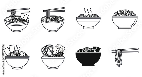 Noodle Bowl Icon Set: Ramen, Udon, Soba - Vector Graphics