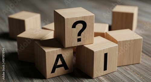Wallpaper Mural Artificial Intelligence concept depicted with wooden blocks and a question mark, symbolizing future challenges. Torontodigital.ca