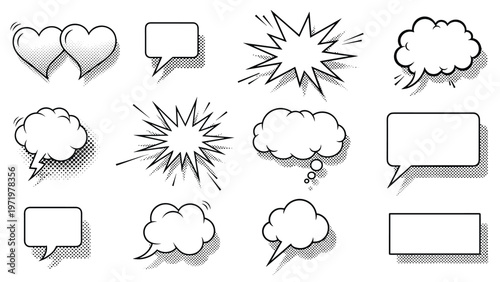 Collection of comic style speech bubbles features halftone shading and various classic shapes in black and white for dynamic dialogue.