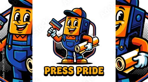 Cartoon plumber character with tools.