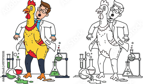Mad Scientist with Chicken Body Humorous Science Experiment Gone Wrong Cartoon