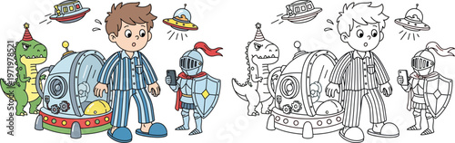 Boy in Pajamas Meets Dinosaur Knight and UFOs Fantastical Dream Scene Cartoon