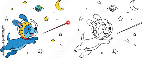 Adorable Astronaut Dog Floating in Space Cosmic Adventure Cartoon for Kids