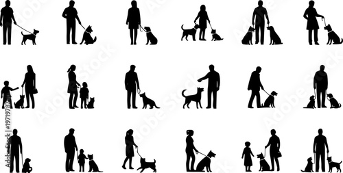 Group people all ages activities with dogs vector silhouette set collection.
