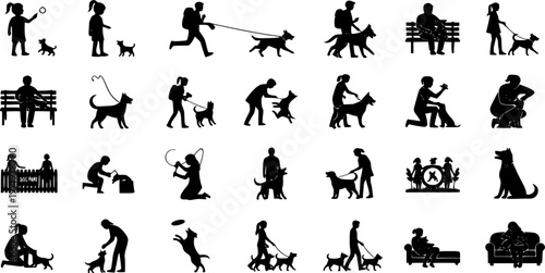Group people all ages activities with dogs vector silhouette set collection.
