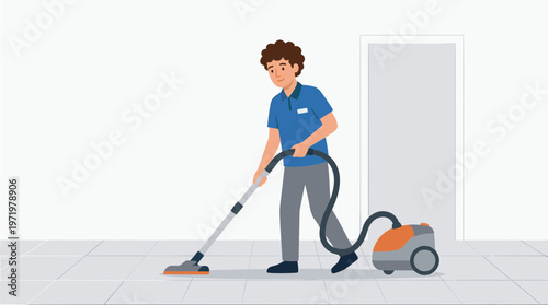 Man cleaning floor with vacuum cleaner in a room