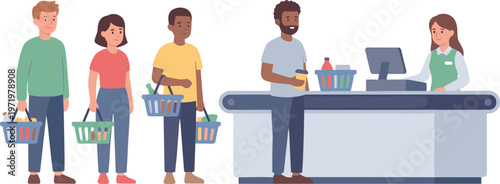 People checkout groceries at store with shopping baskets