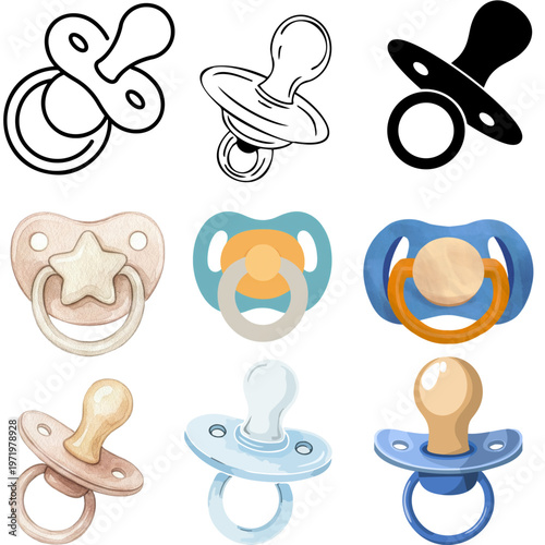 Baby pacifier icons set, colorful and outline newborn soothers