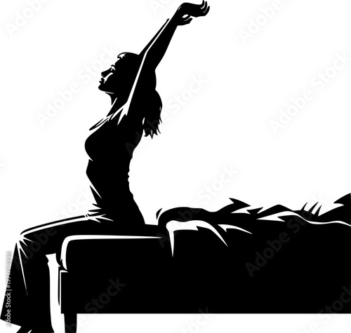 Woman stretching arms while sitting on edge of bed after sleep in the morning side view black silhouette flat vector illustration.
