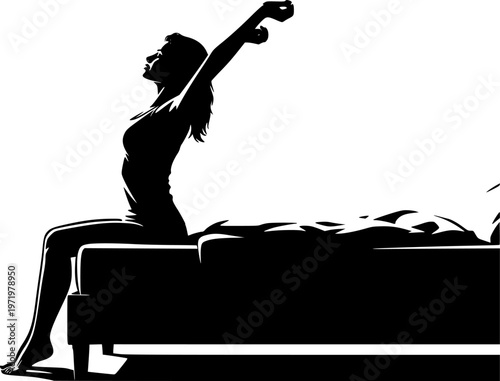 Woman stretching arms while sitting on edge of bed after sleep in the morning side view black silhouette flat vector illustration.
