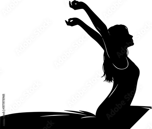 Woman stretching arms while sitting on edge of bed after sleep in the morning side view black silhouette flat vector illustration.
