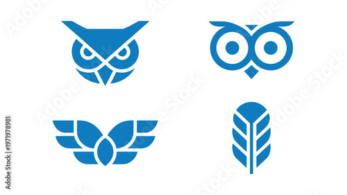 Collection of four stylized blue owl icons and a feather symbol on a white background