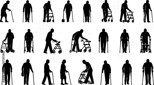Elderly people using walking aid silhouette set collection. Senior pensioner people walking with walking aids vector silhouette.
