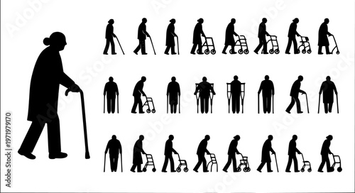 Elderly people using walking aid silhouette set collection. Senior pensioner people walking with walking aids vector silhouette.
