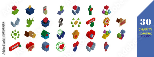 Charity donation volunteer isometric icon set with community help support care humanitarian aid social service minimal isometric vector icons collection isolated background