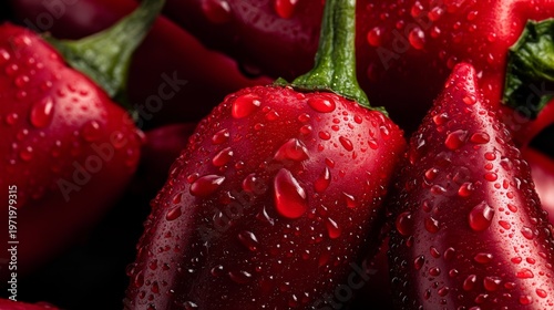 Fresh Red Chili Peppers with Water Drops on Dark Background