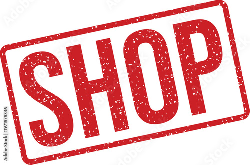 A striking red distressed rubber stamp prominently featuring the capitalized word SHOP against a clean white backdrop