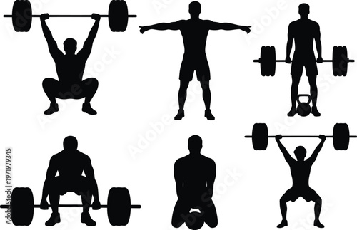 Weightlifting silhouettes diverse poses illustrating strength and athletic training