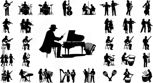Large group silhouettes set of musicians playing various musical instruments vector collection.
