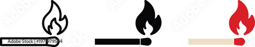 Burning matchstick icons set, lit wooden match with fire flame vector, flat line and solid black and red matchstick symbols for safety and heat