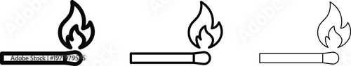 Minimalist burning matchstick icon set, black outline flame and match vector illustration, simple fire and heat symbols for safety and camping