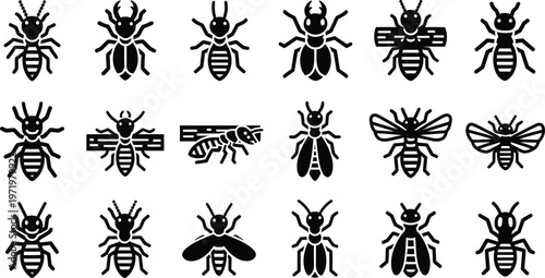 Collection of black insect including ants termites and bees on white ant termite bee insect bug pest black and white