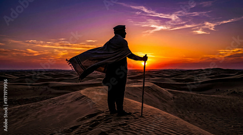 Cinematic Silhouette of a Pathan Man Standing on Desert Dunes at Sunset