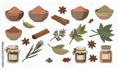 Hand drawn spices and herbs doodle set with cooking ingredients powders jars and natural flavors vector illustration