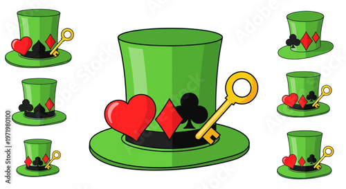 Green Top Hats with Playing Card Suits and Golden Key - Fantasy Magic Concept