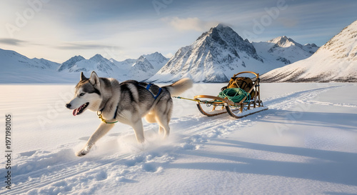 Majestic Siberian husky pulling a traditional wooden sled through snowy mountain landscape with clear blue skies and rugged peaks Emoji