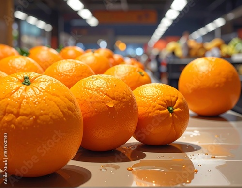 Fresh Oranges Displayed on a Table in a Grocery Store.
