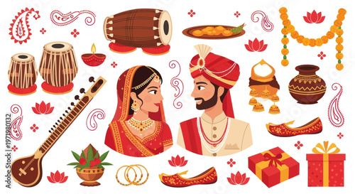 Indian Wedding Elements: Bride, Groom, Dhol, Sitar, Gifts, Decor