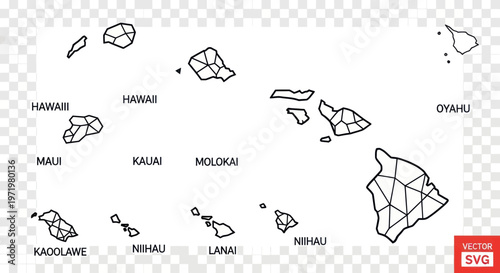 Outline map of Hawaiian Islands with names, isolated on transparent background