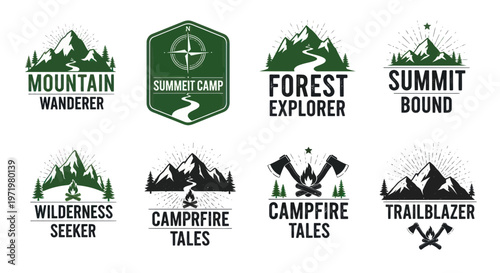 Outdoor Adventure Emblems: Mountains, Camping, Hiking, Exploration, Nature