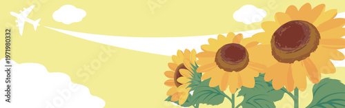 Summer Sky Background with Sunflowers and Airplane: Horizontal Web Banner Illustration