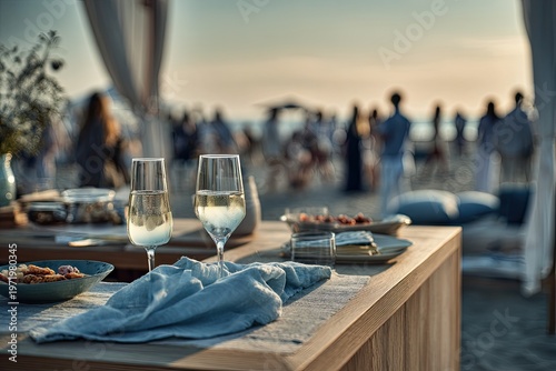 Glasses of wine on a table at a beach gathering